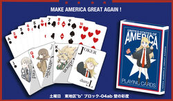  4girls american_flag andrew_carnegie belt belt_buckle black_legwear black_necktie black_skirt black_suit blonde_hair blue_eyes blue_jacket brown_belt brown_coat brown_eyes brown_hair buckle card cardigan character_request closed_eyes closed_mouth club_(shape) coat collared_shirt commentary_request diamond_(shape) donald_trump flag formal genderswap_(mtf) goggles goggles_on_head green_jacket grin hair_ornament hairclip half-closed_eyes hand_up headphones heart henry_ford highres holding holding_flag holding_phone index_finger_raised jack_(playing_card) jack_of_clubs_(playing_card) jacket joker_(playing_card) king_(playing_card) king_of_spades long_hair long_sleeves looking_at_viewer make_america_great_again multiple_girls necktie open_mouth original outstretched_arm oversized_clothes phone photoshop_(medium) playing_card pleated_skirt queen_(playing_card) queen_of_diamonds real_life red_necktie rule_63 shirt short_hair sideways_glance silver_hair skirt smile socks spade_(shape) squinting standing star_(symbol) straight_hair suit tansuke thomas_edison translation_request wavy_hair white_shirt 