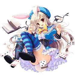  :d alice_(alice_in_wonderland) alice_in_wonderland animal_ears ass asymmetrical_legwear bad_id bad_pixiv_id blue_thighhighs book bow bowtie breasts card commentary_request dress eight_of_hearts female five_of_spades four_of_hearts hat highres long_hair medium_breasts mikeou no_panties open_mouth photoshop_(medium) playing_card rabbit_ears rabbit_tail red_eyes seven_of_clubs six_of_diamonds smile striped_clothes striped_thighhighs tail thighhighs three_of_clubs two_of_diamonds uneven_legwear white_hair wrist_cuffs 