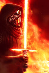  1boy blurry_vision cape crossguard_lightsaber darksider_(star_wars) eddie_holly energy energy_sword fire gloves heat_haze helmet holding_lightsaber hood kylo_ren lava lightsaber mask photoshop_(medium) realistic red_lightsaber science_fiction sith spoilers star_wars star_wars:_the_force_awakens sword torn_clothes weapon 