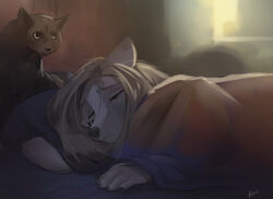  anthro bed canid canine canis depression digital_media_(artwork) domestic_cat duo felid feline felis female feral furniture hair half-length_portrait koul koul_fardreamer mammal on_bed portrait signature slice_of_life solo_focus tired under_covers wolf 