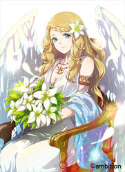  angel_wings armband blue_eyes bouquet braid breasts brown_hair chair cleavage commentary_request dress feathered_wings female flower hair_flower hair_ornament himekiss jewelry long_hair looking_at_viewer maru-kichi medium_breasts necklace official_art sidelocks sitting solo white_dress white_wings wings 