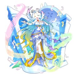  ahoge beamed_sixteenth_notes breasts cleavage dragalia_lost dress eighth_note feathers female full_body gem gradient_hair half_note hand_on_own_chest high_heels jewelry large_breasts long_hair lucretia_(dragalia_lost) multicolored_hair music musical_note non-web_source official_art open_mouth quarter_note saitou_naoki singing smile solo staff_(music) transparent_background 