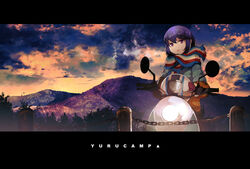  absurdres blue_jacket chains cloud cloudy_sky commentary_request copyright_name female hair_between_eyes head_tilt helmet highres holding holding_helmet jacket letterboxed long_sleeves looking_away motor_vehicle motorcycle_helmet mountain outdoors parted_lips purple_eyes purple_hair sanshouuo scarf scooter shima_rin sky solo striped_clothes striped_scarf sunset unworn_headwear unworn_helmet yamaha yamaha_vino yurucamp 