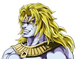  1boy araki_hirohiko_(style) blonde_hair colored_skin commentary_request derivative_work dio_brando egyptian egyptian_clothes evil_grin evil_smile facial_mark grin heaven_ascended_dio highres jojo_no_kimyou_na_bouken jojo_no_kimyou_na_bouken:_eyes_of_heaven long_hair male_focus muscular portrait purple_skin scar scar_on_neck shinomiya_akino smile solo usekh_collar yellow_eyes 