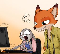  2016 anthro canid canine caught celebrity_paradox clothed clothing computer disney duo electronics english_text female fox fur gradient_background green_eyes grey_body grey_fur humor judy_hopps lagomorph leporid long_ears male mammal necktie nick_wilde open_mouth orange_body orange_fur pornography purple_eyes rabbit red_fox sandwich-anomaly self_search shirt shocked simple_background smile tank_top text the_truth topwear true_fox unbuttoned_shirt zootopia 