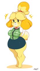  2018 animal_crossing anthro beady_eyes big_breasts biped blonde_hair bottomwear breasts canid canine canis cardigan clothed clothing curvy_figure digital_media_(artwork) domestic_dog female hair hands_behind_back hi_res isabelle_(animal_crossing) mammal mehdrawings nintendo pencil_skirt shih_tzu short_stack simple_background skirt smile solo standing thick_calves thick_thighs toy_dog voluptuous white_background wide_hips 