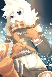  2016 abstract_background anthro bandai_namco blue_background blue_eyes canid canine canis cheek_tuft clothed clothing domestic_dog facial_tuft fur gloves hair handwear hi_res looking_at_viewer male mammal nekojita open_mouth panashe_(summon_night) scarf simple_background solo summon_night tuft white_body white_fur white_hair 