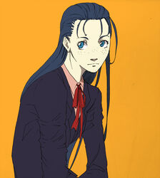  :| blue_eyes blue_hair female freckles hellsing long_hair rip_van_winkle simple_background solo suit 