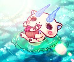  chill_ykon coconut commentary_request drinking drinking_straw flower fruit_cup innertube komasan no_humans open_mouth solo swim_ring youkai_(youkai_watch) youkai_watch 