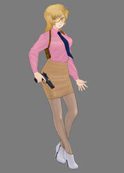  ankle_boots blue_eyes boots brown_hair commentary_request female full_body grey-framed_eyewear gun handgun high_heel_boots high_heels highres holster komii long_hair magazine_(weapon) necktie pantyhose pencil_skirt pink_shirt rally_vincent_(riding_bean) riding_bean safety_glasses shirt shoulder_holster simple_background skirt solo tinted_eyewear trigger_discipline weapon yellow-tinted_eyewear 