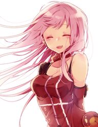  :d arms_behind_back bad_id bad_pixiv_id breasts character_request cleavage closed_eyes collar commentary_request detached_sleeves dress facing_viewer female happy highres long_hair medium_breasts merc_storia naoton open_mouth pink_hair red_dress simple_background smile solo teeth upper_body white_background wind wind_lift 