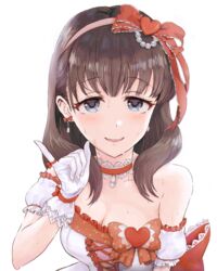  bad_id bad_twitter_id bare_shoulders blue_eyes blush bow bow_earrings brown_hair choker commentary_request detached_sleeves dress earrings female finger_ribbon frilled_dress frills gloves hair_ornament hair_ribbon hairband hairbow heart heart_hair_ornament idolmaster idolmaster_cinderella_girls jewelry looking_at_viewer omisoshiru parted_lips pink_hairband pinky_out puffy_detached_sleeves puffy_sleeves red_bow red_ribbon ribbon sakuma_mayu simple_background smile solo strapless strapless_dress sweat upper_body white_background white_dress white_gloves wrist_ribbon 