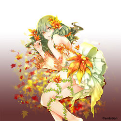  back bare_shoulders barefoot breasts commentary_request detached_sleeves female flower green_hair hair_flower hair_ornament himekiss leaf long_hair looking_at_viewer lying maru-kichi official_art on_side orange_eyes pointy_ears small_breasts solo 