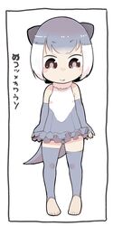  absurdres animal_ears bare_shoulders barefoot black_border blush_stickers border brown_eyes chibi closed_mouth commentary_request female fingerless_gloves frilled_one-piece_swimsuit frills full_body gloves grey_gloves grey_hair grey_one-piece_swimsuit grey_thighhighs hare_(tetterutei) highres kemono_friends multicolored_hair one-piece_swimsuit otter_ears otter_tail short_hair simple_background small-clawed_otter_(kemono_friends) smile solo standing swimsuit tail thighhighs toeless_legwear translation_request two-tone_hair white_background 