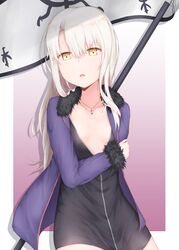  anchor_necklace banner black_dress breasts cleavage collarbone commentary_request cosplay cowboy_shot dress fate/grand_order fate_(series) female fur-trimmed_jacket fur_trim highres illyasviel_von_einzbern jacket jeanne_d&#039;arc_alter_(fate) jeanne_d&#039;arc_alter_(ver._shinjuku_1999)_(fate) jeanne_d&#039;arc_alter_(ver._shinjuku_1999)_(fate)_(cosplay) jewelry long_hair looking_at_viewer necklace open_clothes open_jacket open_mouth purple_jacket seven_d3t short_dress small_breasts solo very_long_hair white_hair yellow_eyes 