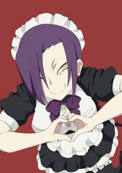  alternate_costume bow braid c: chikujouin_magane commentary earrings enmaided female gobanme_no_mayoi_neko hair_over_one_eye heart heart_hands highres jewelry maid maid_headdress moe_moe_kyun! one_eye_closed purple_hair re:creators simple_background single_braid smile solo torii_earrings tsurime yellow_eyes 