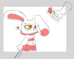  2spot_studio anthro bloody_bunny bloody_bunny_(series) blush bodily_fluids duo female flower heart_symbol knife lagomorph leporid mammal monster nervous plant punipuri rabbit shaking simple_background sweat yellow_eyes 