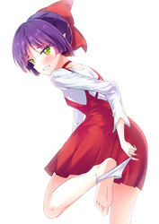  absurdres bare_legs barefoot blush bow choker clenched_teeth commentary_request dress embarrassed feet female from_behind gegege_no_kitarou green_eyes hairbow highres leaning_forward leg_up long_sleeves looking_at_viewer looking_back nekomusume nekomusume_(gegege_no_kitarou_6) panties panties_around_one_ankle panty_pull parted_bangs photoshop_(medium) pinafore_dress pointy_ears purple_eyes realdragon red_bow red_choker red_dress shirt short_hair simple_background sleeveless sleeveless_dress soles solo standing standing_on_one_leg teeth toes tsurime underwear undressing white_background white_panties white_shirt 