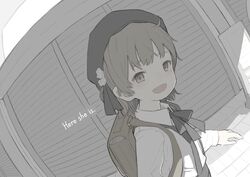  backpack bag blush brown_eyes brown_hair commentary_request female hatoba_tsugu limited_palette looking_at_viewer mole mole_under_eye oerba_yun_fang open_mouth short_hair smile solo tsugu_(vtuber) virtual_youtuber walkalone 