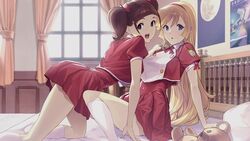  2girls aki_natsuko all_fours android arm_support ass blonde_hair blue_eyes bow breasts brown_eyes brown_hair cutie_honey cutie_honey_universe dress hairband hairbow kisaragi_honey kneeling large_breasts legs long_hair looking_at_viewer medium_breasts multiple_girls official_art red_dress school_uniform shimotsuki_eight short_dress sitting skirt stuffed_animal stuffed_toy teddy_bear twintails white_legwear yuri 