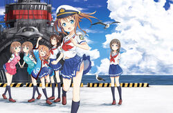  6+girls abe_kanari apron bird black_hair blue_eyes brown_hair china_moeka closed_eyes cloud commentary_request day green_eyes happi hat high_school_fleet japanese_clothes kinesaki_akane kinesaki_homare kuroki_hiromi long_hair military military_hat military_vehicle misaki_akeno multiple_girls neckerchief ocean open_mouth outdoors photoshop_(medium) pleated_skirt school_uniform seagull serafuku ship short_hair short_twintails skirt sky smile twintails warship watercraft yanagiwara_maron yokosuka_girls_marine_high_school_uniform 