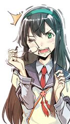  &gt;_o ^^^ accident aqua_hairband black_hair blouse commentary_request eye_poke failure female glasses green_eyes hairband kantai_collection long_hair looking_at_viewer necktie nonco one_eye_closed ooyodo_(kancolle) open_mouth poking poking_self rectangular_mouth shirt solo trembling white_shirt wince 