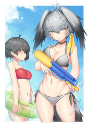  2girls absurdres alternate_costume ass_visible_through_thighs bad_id bad_pixiv_id bandeau bikini black_hair blonde_hair blue_sky blush breasts brown_eyes choker cleavage closed_mouth collarbone cowboy_shot day expressionless from_side green_eyes grey_bikini grey_hair hair_between_eyes head_wings highres holding innertube kaban_(kemono_friends) kemono_friends large_breasts looking_afar looking_at_viewer multicolored_hair multiple_girls navel neko7 open_mouth outdoors red_bikini shoebill_(kemono_friends) short_hair side-tie_bikini_bottom sidelocks sky smile stomach strapless super_soaker swim_ring swimsuit toned trigger_discipline tube_top water water_gun wings 