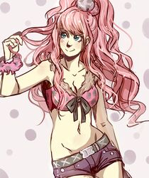  bad_link bare_shoulders belt blue_eyes bra breasts cleavage facial_tattoo female high_ponytail kyokugen_dasshutsu kyokugen_dasshutsu_adv:_zennin_shibou_desu large_breasts long_hair lowleg lowleg_shorts messy_hair navel pink_hair scrunchie short_shorts shorts simonadventure smile solo tattoo underwear wristband yotsuba_(kyokugen_dasshutsu) 