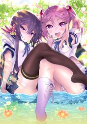  2girls akebono_(kancolle) akebono_kai_(kancolle) bell black_thighhighs blue_skirt commentary_request feet_out_of_frame flower frilled_skirt frills hair_bell hair_bobbles hair_flower hair_ornament jingle_bell kantai_collection long_hair looking_at_viewer multiple_girls pink_eyes pink_hair pleated_skirt puffy_short_sleeves puffy_sleeves purple_eyes purple_hair rabbit remodel_(kantai_collection) sazanami_(kancolle) sazanami_kai_(kancolle) school_uniform serafuku shallow_water short_hair short_sleeves side-tie_legwear side_ponytail sitting skirt sumeragi_hamao thighhighs twintails very_long_hair water white_legwear 