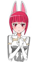  animal_ears blush busou_shinki doll_joints facepaint facial_mark female forehead_mark ikuya_koimori joints mecha_musume mini_person minigirl mizuki_(busou_shinki) mizuki_type_2 red_eyes red_hair simple_background solo white_background 