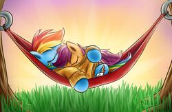  2013 blue_body blue_fur closed_eyes clothing cutie_mark duo equid equine female feral friendship_is_magic fur hair hammock hasbro high-roller2108 horse lying mammal multicolored_hair my_little_pony on_back on_front on_top orange_body orange_fur outside pony purple_hair rainbow_dash_(mlp) rainbow_hair scootaloo_(mlp) sleeping sweater topwear young young_feral 