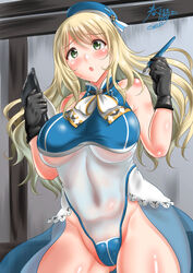  adapted_costume atago_(kancolle) bad_anatomy bare_shoulders beret black_gloves blonde_hair breasts commentary_request dated female gloves green_eyes hair_between_eyes hat highleg highleg_leotard holding holding_pen kantai_collection kasugano_tobari large_breasts leotard long_hair military military_uniform open_mouth pen signature solo uniform 