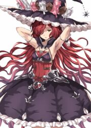  anna_(granblue_fantasy) armpits arms_behind_head arms_up breasts candle commentary_request dress female frills gloves granblue_fantasy hair_over_one_eye hat jewelry long_hair medium_breasts open_mouth rasahan red_hair simple_background solo very_long_hair white_gloves witch witch_hat 