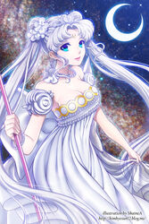  back_bow bad_id bad_pixiv_id bare_shoulders bishoujo_senshi_sailor_moon blue_eyes bow bracelet breasts cleavage crescent crescent_facial_mark crown double_bun dress facial_mark female flower forehead_mark hair_bun hair_flower hair_ornament heart_crown jewelry long_hair medium_breasts neck necklace neo_queen_serenity photoshop_(medium) shainea smile solo staff strapless strapless_dress tsukino_usagi twintails white_crown white_dress white_hair 