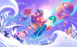  2boys 5health aircraft aurora beanie bomb bronto_burt business_suit_(kirby) chilly_(kirby) commentary_request dirigible earmuffs evil_smile explosive female flying glowing glowing_eyes goggles goggles_on_head hat highres kabula king_dedede kirby kirby:_planet_robobot kirby_(series) mask mecha meta_knight midair multiple_boys noddy_(kirby) open_mouth parachute photoshop_(medium) riding robobot_armor robot sky smile snow snowboard snowboarding snowflakes snowmobile susie_(kirby) tree twizzy waddle_dee 