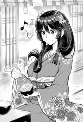  blush bowl breasts chopsticks closed_mouth commentary eighth_note female flower food greyscale hair_flower hair_ornament holding holding_chopsticks humming japanese_clothes kimono large_breasts long_hair long_sleeves matsumoto_tomoyohi mito_(oshiro_project) monochrome musical_note nattou obi oshiro_project:re rice sash sitting smile solo spoken_musical_note wide_sleeves 