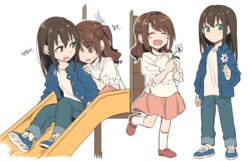  2girls aged_down akni brown_eyes brown_hair commentary_request green_eyes idolmaster idolmaster_cinderella_girls korean_commentary long_hair multiple_girls one_side_up pants shibuya_rin shimamura_uzuki skirt smile 