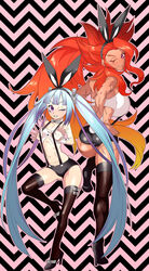  ass blue_hair boots bow bowtie cross_scar dark_skin female high_heels ishida-masamune_kiriko kagemitsu_ryuuko kbtmsboy long_hair looking_back midriff multicolored_hair multiple_girls navel one_eye_closed red_hair ribs scar shinken!! smile suspenders thigh_boots thighhighs twintails very_long_hair 