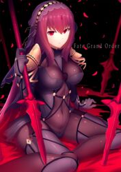  :o arm_support breasts bu_li commentary covered_navel covered_nipples fate/grand_order fate_(series) female long_hair looking_at_viewer medium_breasts petals polearm purple_eyes red_eyes scathach_(fate) see-through sitting skin_tight solo spear veil weapon 