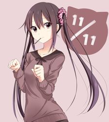  black_hair brown_eyes commentary_request female food k-on! long_hair mouth_hold nakano_azusa paw_pose pocky smile solo sweater twintails yuki_(sangeki5806) 