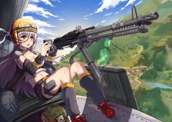  ace_(playing_card) ace_of_clubs aircraft ammunition ammunition_belt bag belt black_choker black_jacket black_shorts blue_sky braid breasts card choker cleavage cloud club_(shape) combat_helmet commentary_request dawn02 day detached_sleeves female from_above girls&#039;_frontline goggles goggles_on_headwear grey_bag gun hair_between_eyes helicopter helmet jacket landscape lens_flare long_hair m1_helmet m60 m60_(girls&#039;_frontline) machine_gun medium_breasts nature playing_card pouch red_footwear shoelaces shoes short_shorts shorts sky thigh_pouch thigh_strap unworn_headwear unworn_helmet vietnam_war weapon white_hair yellow_eyes yellow_headwear 