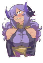  bad_id bare_shoulders blush bracer breasts crossed_arms curly_hair demon_girl demon_horns elbow_gloves female full-face_blush gloves hair_over_one_eye halterneck horns large_breasts long_hair matsuda_yuusuke muscular nise_maou_kanizeru purple_hair sharp_teeth solo teeth upper_body yuusha_to_maou 