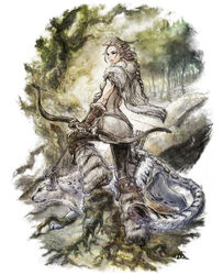  animal arrow_(projectile) bad_link blonde_hair boots bow_(weapon) braid braided_ponytail breasts cape female fingerless_gloves fur_cape gloves h&#039;aanit_(octopath_traveler) ikusy linde_(octopath_traveler) long_hair looking_to_the_side medium_breasts octopath_traveler octopath_traveler_i official_art photoshop_(medium) plant_roots quiver single_braid snow_leopard square_enix tail toned tree weapon 