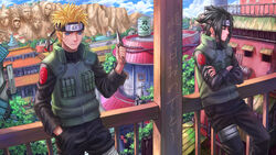  black_hair blonde_hair blue_eyes building city headband male naruto_shippuden ninja uchiha_sasuke uniform uzumaki_naruto weapon zhouran 