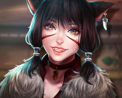  black_hair brown_eyes catgirl choker close cropped enmoire final_fantasy_xiv miqo&#039;te scar short_hair tattoo 