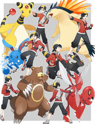  1boy ampharos azumarill backwards_hat black_hair commentary_request ethan_(pokemon) hat highres holding holding_poke_ball hood hoodie insect_wings poke_ball poke_ball_(basic) pokemon pokemon_(creature) pokemon_hgss scizor shorts smile typhlosion umbreon ursaring wings yukin_(es) 