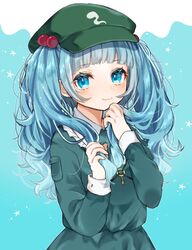  blue_background blue_eyes blue_hair blue_shirt blue_skirt blunt_bangs blush cabbie_hat commentary_request cowboy_shot female frilled_shirt_collar frills green_hat hair_bobbles hair_ornament hands_up hat highres holding holding_own_hair kawashiro_nitori key long_hair looking_at_viewer messy_hair pocket shirt simple_background skirt skirt_set smile solo touhou two_side_up wavy_hair youtan 