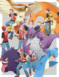  1boy backpack bag beak brown_hair charizard claws commentary_request fangs gengar grey_background hat highres holding holding_poke_ball horns lapras nidoking pidgeot pikachu poke_ball poke_ball_(basic) pokemon pokemon_(creature) pokemon_frlg red_(pokemon) red_footwear single_horn tail talons wings yukin_(es) 