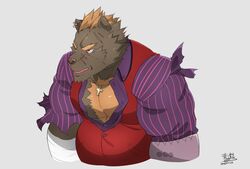  anthro barazoku barguest_(tas) bear body_hair brown_body brown_fur chest_hair clothed clothing fur hair hi_res jewelry lifewonders male mammal muscular muscular_anthro muscular_male orange_hair pendant red_eyes scar signature solo subaru_aotk tokyo_afterschool_summoners topwear 