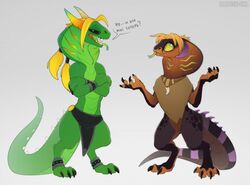  2019 4_fingers anthro arrakis biped blizzard_entertainment clothed clothing conditional_dnp digital_media_(artwork) digitigrade duo fingers horn male open_mouth reptile russian_text scalie sethrak simple_background snake standing teeth text tongue translated warcraft zazush-una zazush_(zazush-una) 